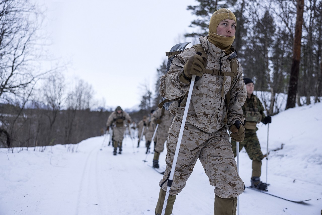 A group of Marines in camouflage, carrying backpacks, walk with ski poles through snowy, wooded terrain. The atmosphere is cold and rugged. Trees are visible in the background. 
