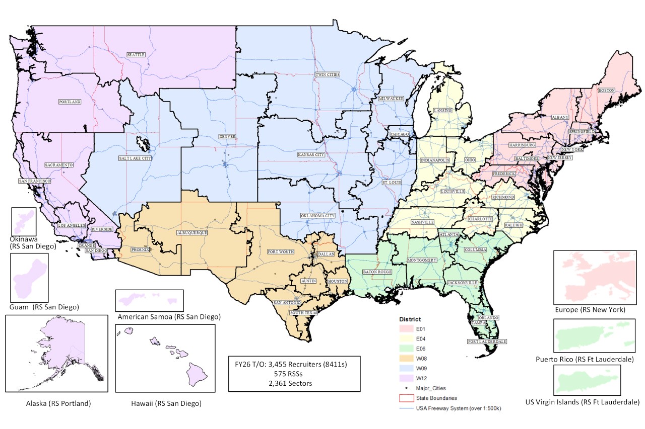 An infographic map of the continental United States displaying the six Marine Corps recruiting districts.
